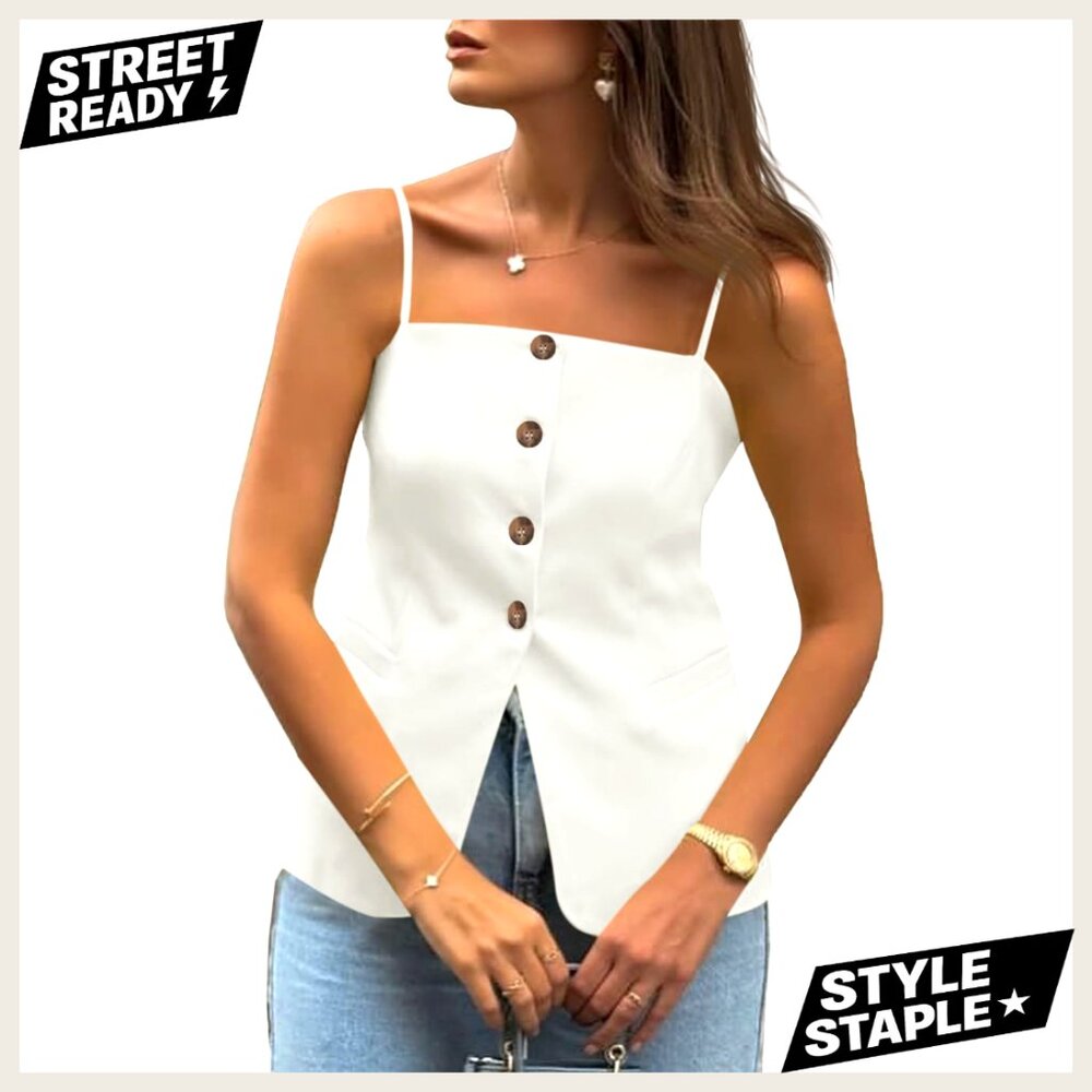 Sleeveless Blazer Vest, Button Down, Split Hem, P… - image 1